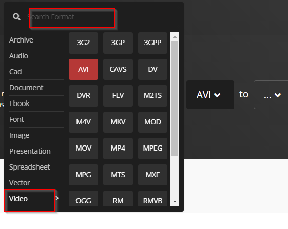 Cloud Convert AVI to MP4 700MB select input format