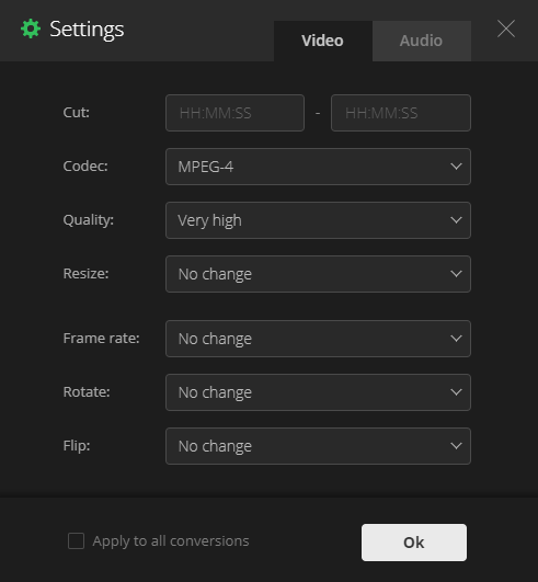 Convertio free online video converter output settings