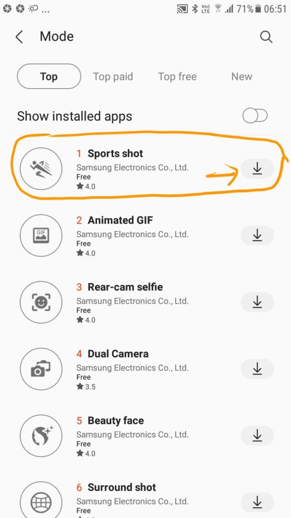 Download sports camera mode in Android