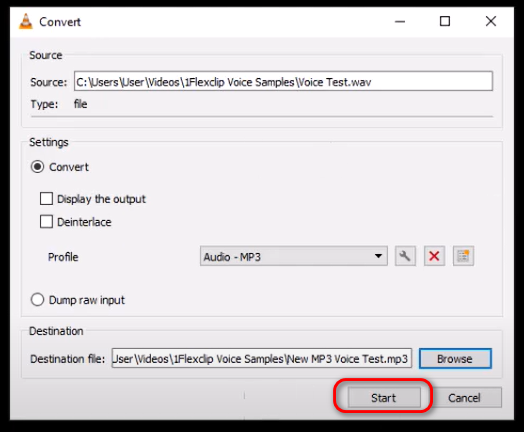 Convert  WAV to MP3 on VLC Media Player - Start conversion