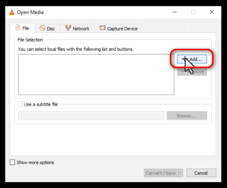 Convert WAV to MP3 with VLC Media Player - Open Media Menu click on +Add