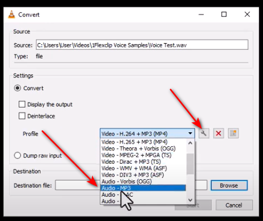 Convert  WAV to MP3 on VLC Media Player = Choose Profile