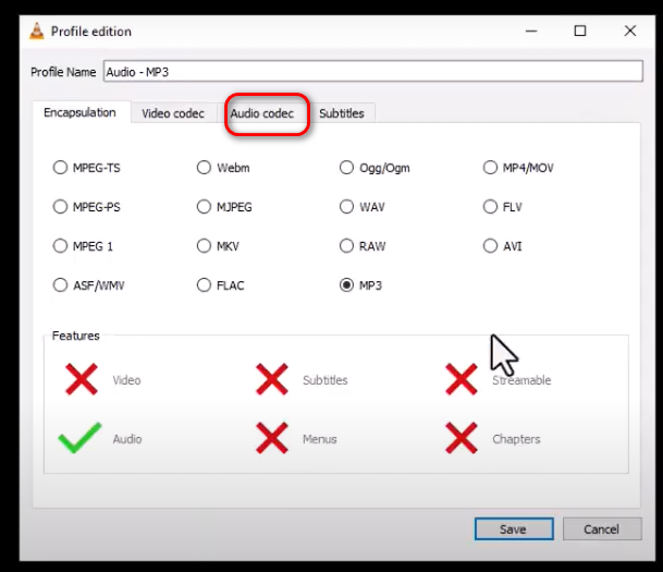 Convert  WAV to MP3 on VLC Media Player - Select Audio Codec