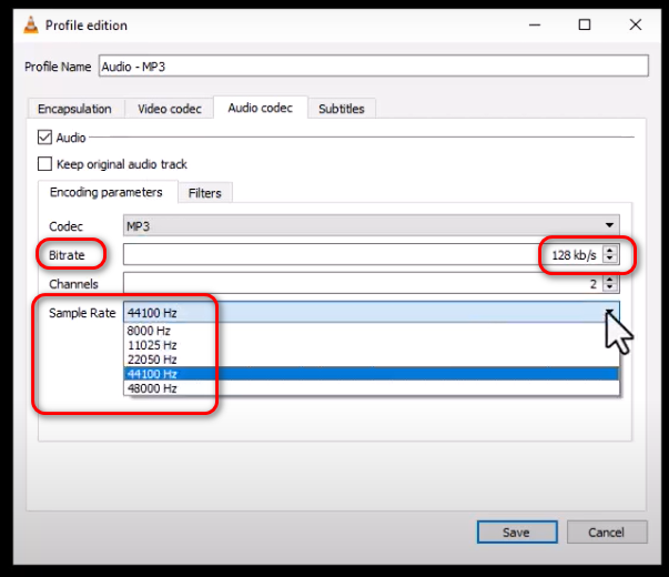 Convert  WAV to MP3 on VLC Media Player - Select bitrate and sample rate