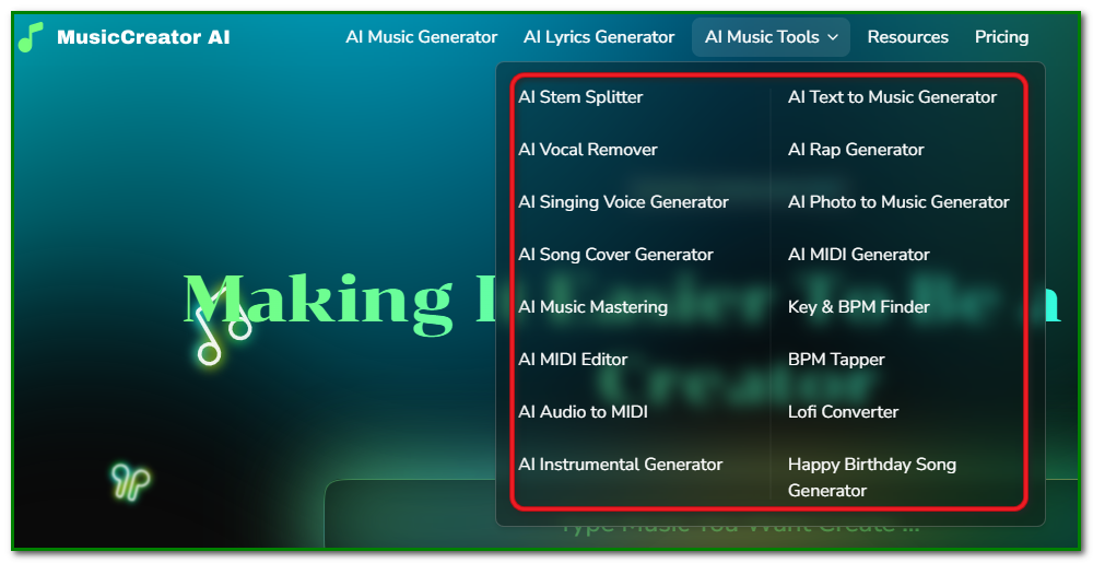 MusicCreator AI audio tools